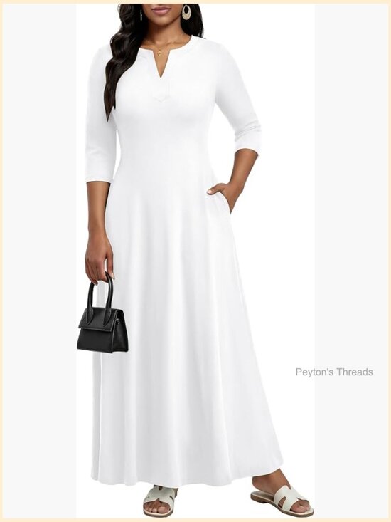 Dresses & Skirts - V-Neck 3/4 Sleeve Elegant Maxi Dress with Pockets Church Dresses